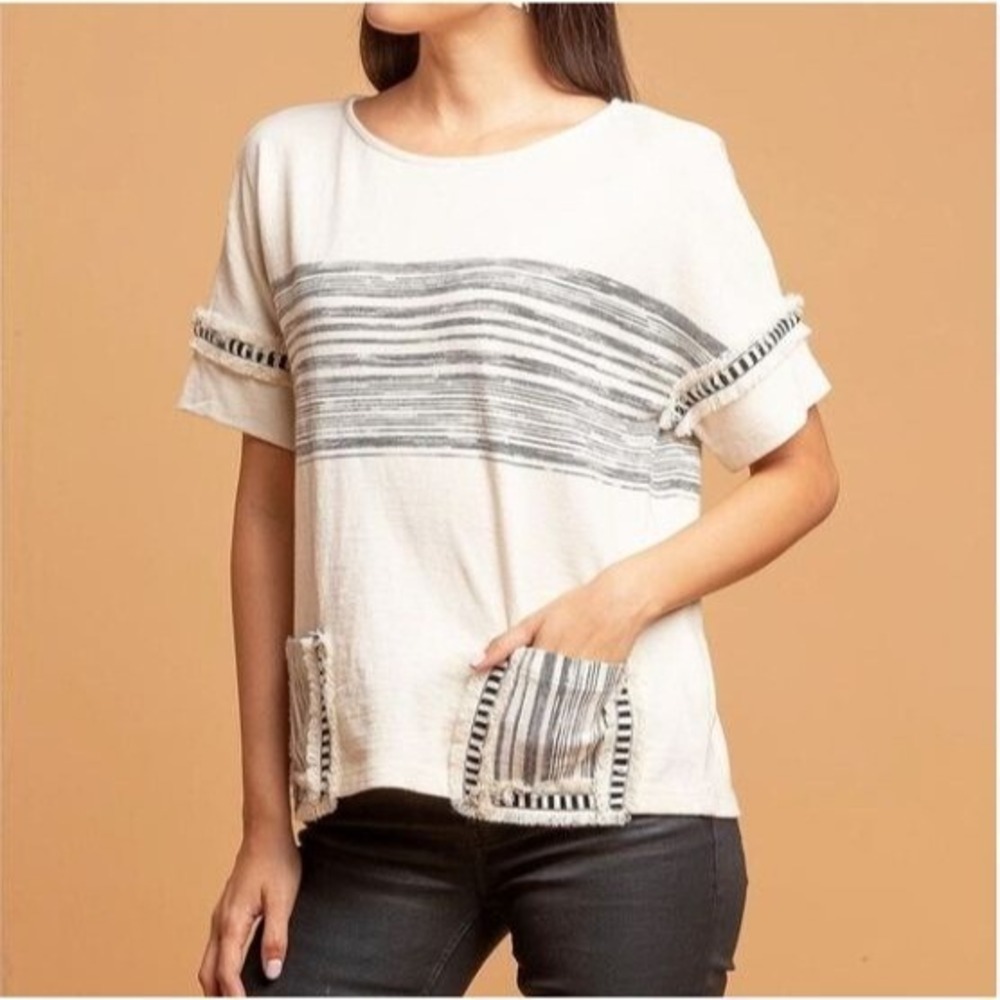 Anthropologie Eva Franco Cream Striped Fringe‎ Short Sleeve Knit Top Size XL NWT